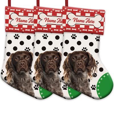 MALIHONG 3 Packs Personalized Black Polka Dot Christsmas Stocking with Cute Dog Brittany Red and White Buffalo Plaid Xmas Decor Gift 14.4 Inch