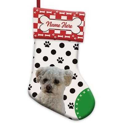 MALIHONG 1 Pack Personalized Black Polka Dot Christsmas Stocking with Cute Dog Maltese Poodle Red and White Buffalo Plaid Xmas Decor Gift 14.4 Inch