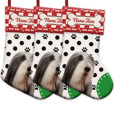 MALIHONG 3 Packs Personalized Black Polka Dot Christsmas Stocking with Cute Dog Bearded Collie Red and White Buffalo Plaid Xmas Decor Gift 14.4 Inch