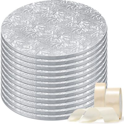 12 Pack 10 inch Cake Drum Round 3mm Thick Silver Cake Board with 2 Roll 1.6/1 in Satin Ribbon Sturdy Greaseproof Wooden Base for Wedding Birthday Party Multi Tiered Bakery Display (Silver)