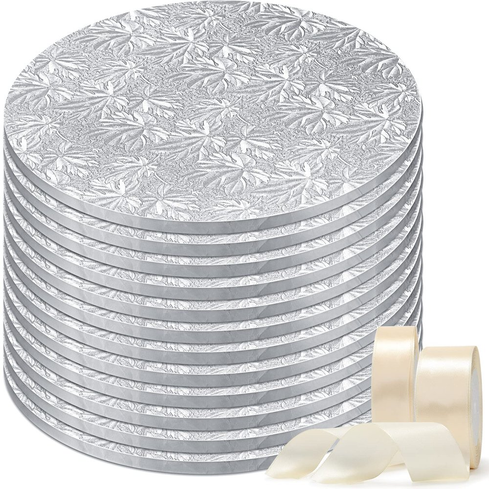 12 Pack 10 inch Cake Drum Round 3mm Thick Silver Cake Board with 2 Roll 1.6/1 in Satin Ribbon Sturdy Greaseproof Wooden Base for Wedding Birthday Party Multi Tiered Bakery Display (Silver)