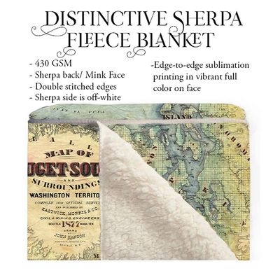 Great River Arts Puget Sound Washington Map Art Throw Blanket Polar/Silky/Sherpa Fleece Vintage Map Artwork Warm Blanket for Winter Travel Bed Sofa Chair Dorm & Gift