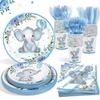 175Pcs Baby Boy Shower Decorations Plates Set for 25 Guests, Elephant Baby Shower Paper Plates Napkins Cups and Utensils Tableware Blue Floral Theme Birthday Party Supplies view 1