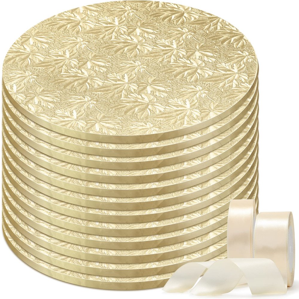12 Pack 10 Inch Cake Drum Round 3mm Thick Gold Cake Board with 2 Roll 1.6/1 Inch Satin Ribbon Sturdy Greaseproof Wooden Base for Wedding Birthday Party Multi Tiered Bakery Display (Gold)