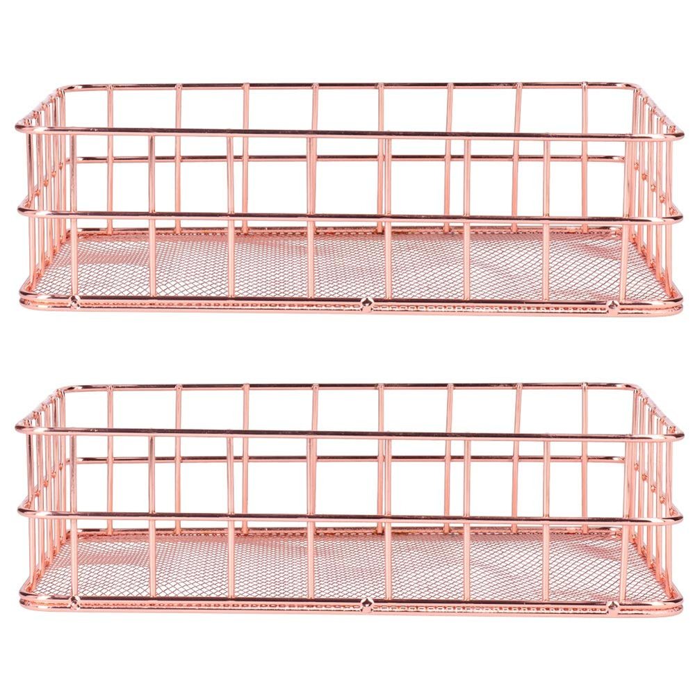 Cyrank Modern Rose Gold Wire Basket 2-Pack, Storage & Organizer for Bathroom, Bedroom, Office (9.6x6.5x2.4in)