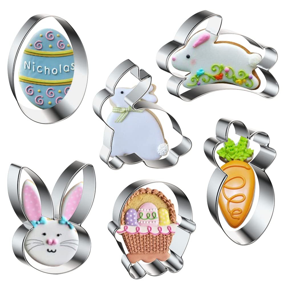 Happy Easter Cookie Cutter, 6 Pcs Bunny Cookie Cutters Mold Set Rabbit Egg Carrot Basket Stainless Steel Fondant Molds Biscuit Cutters for Kitchen Baking Easter Holiday Party Decoration