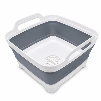 2.4 Gal(9L) Collapsible Dish Basin with Drain Plug, Space Saving Outdoor Multiuse Foldable Sink Tub, Dishpan, Kitchen Storage Tray for Camping, Vegetable Washing, RV (Gray)