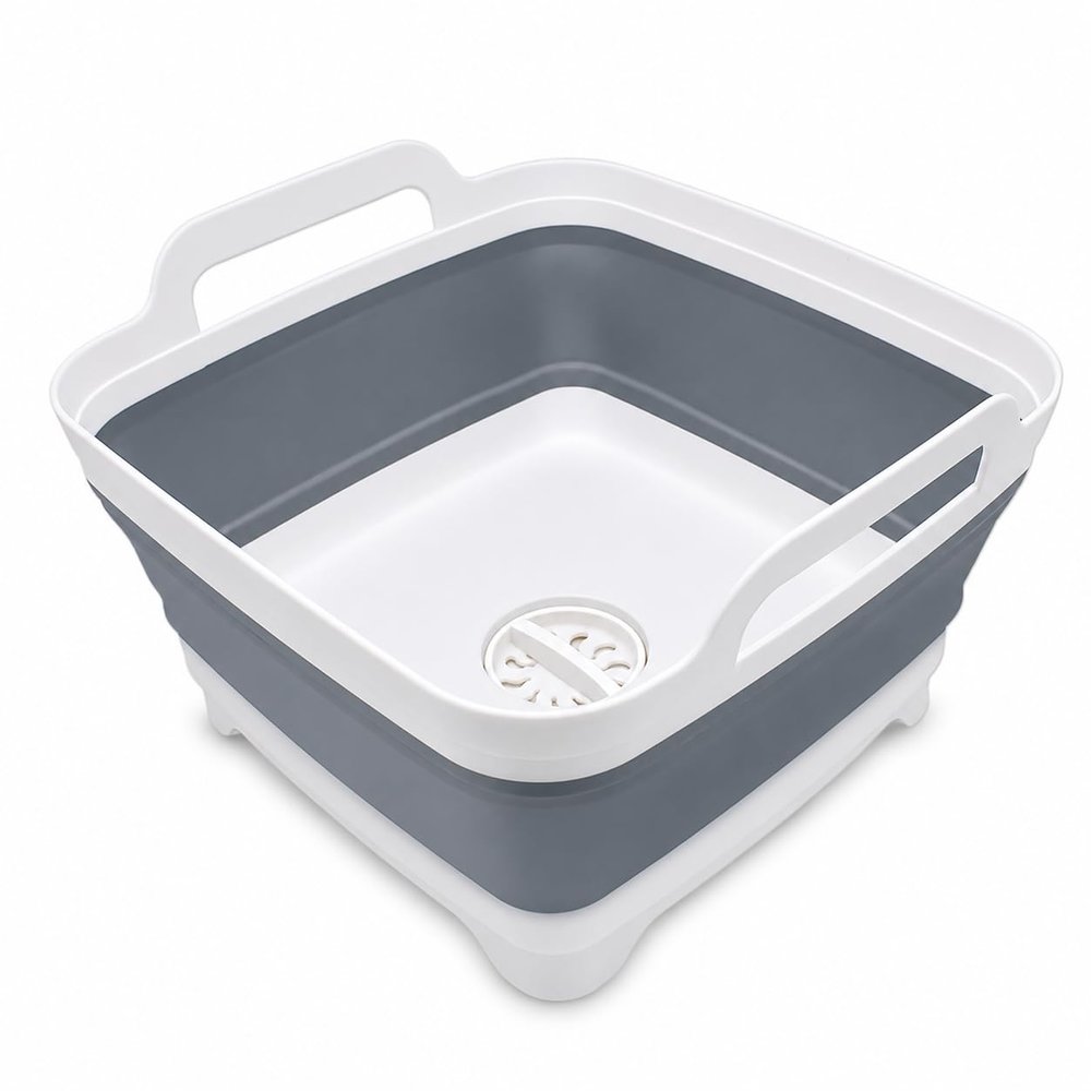 2.4 Gal(9L) Collapsible Dish Basin with Drain Plug, Space Saving Outdoor Multiuse Foldable Sink Tub, Dishpan, Kitchen Storage Tray for Camping, Vegetable Washing, RV (Gray)