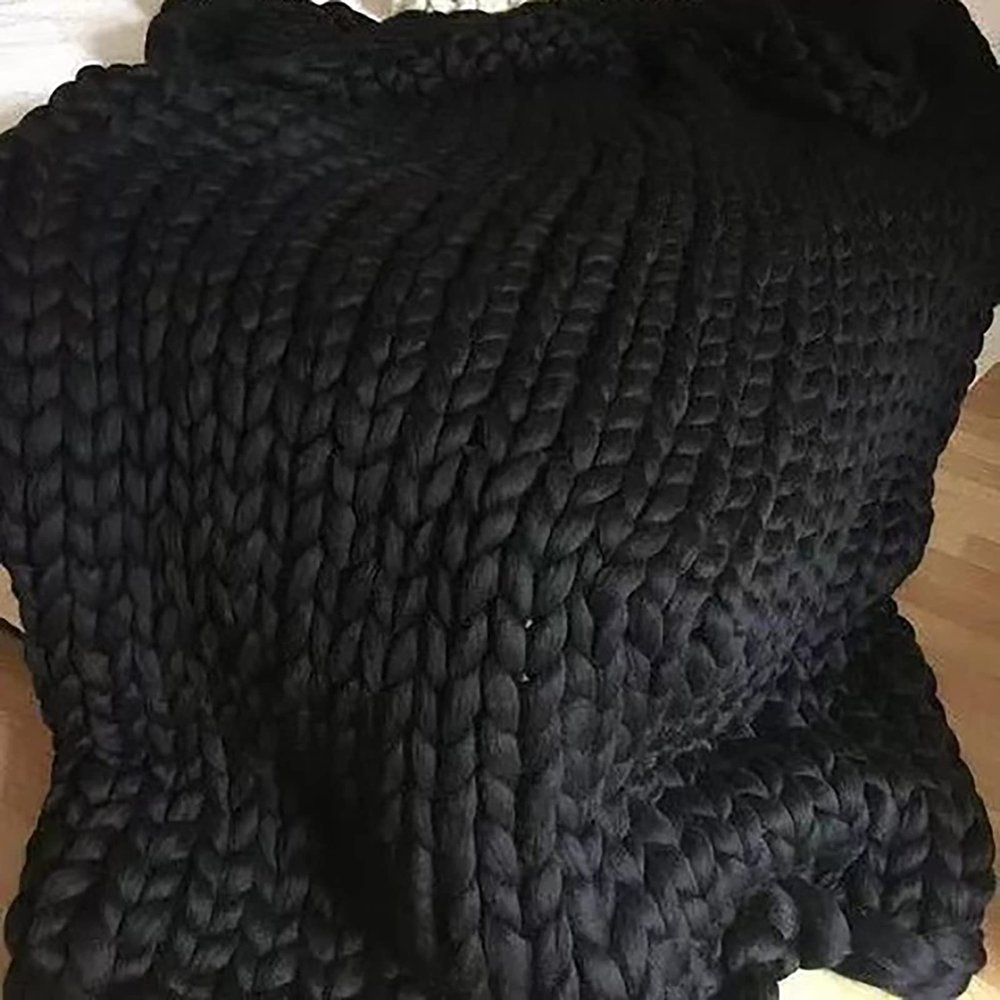 XWCG Chunky Knitted Blanket Chunky Knit Wool Blanket Wool Blend Handmade Soft Throw Sofa Chair Home Decor Yarn Knitted Blanket Throw Home Decor Gift,Black,6080cm