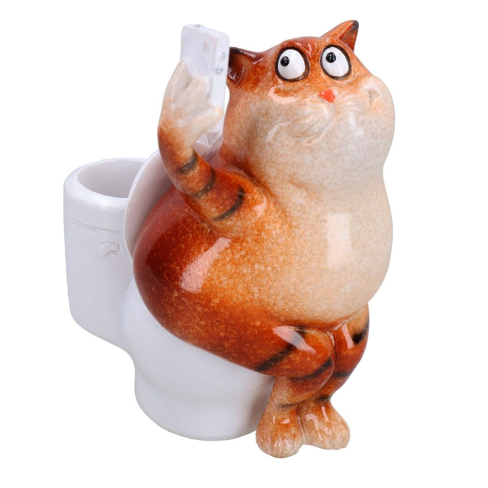 AB Tools Fat Cat Selfie Picture On Toilet Pen Holder Ornament Statue Garden House Resin