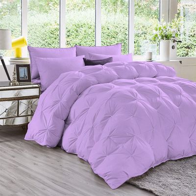 All-Season 500 GSM Lilac Goose Down 5 Pieces Quiled Pinch Pleated Comforter Set (Comforter + 4 Pillow Cases) 1000 Series Egyptian Cotton Duvet Insert Super Queen