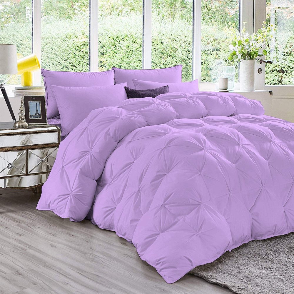 All-Season 500 GSM Lilac Goose Down 5 Pieces Quiled Pinch Pleated Comforter Set (Comforter + 4 Pillow Cases) 1000 Series Egyptian Cotton Duvet Insert Super Queen