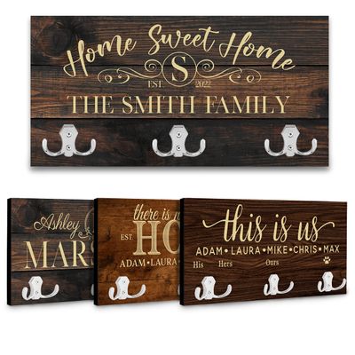 Brd Gifts Personalized Key Holder for Wall - Custom Key Hanger with Family Name, 12 Designs, 8 Background Options, Housewarming Presents for New Home, Wedding Gifts for Couple - Large