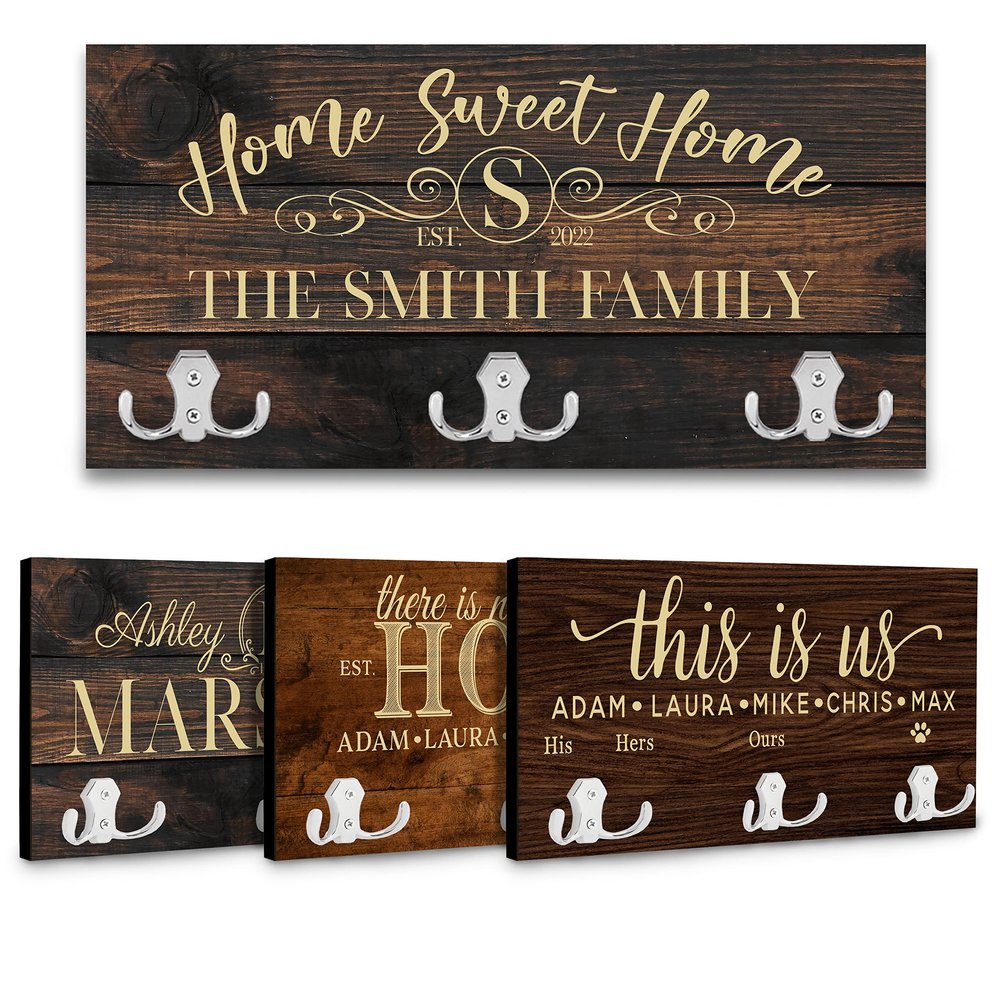 Brd Gifts Personalized Key Holder for Wall - Custom Key Hanger with Family Name, 12 Designs, 8 Background Options, Housewarming Presents for New Home, Wedding Gifts for Couple - Large