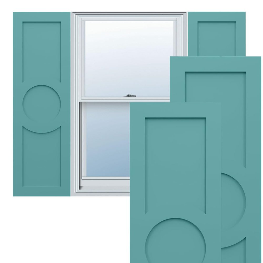 12"W x 58"H True Fit PVC Center Circle Arts & Crafts Fixed Mount Shutters, Pure Turquoise (Per Pair - Hardware Not Included)