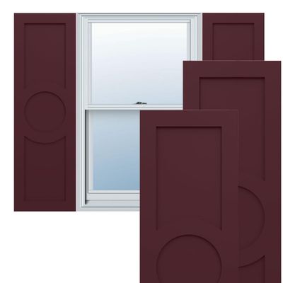 15"W x 29"H True Fit PVC Center Circle Arts & Crafts Fixed Mount Shutters, Wine Red (Per Pair - Hardware Not Included)