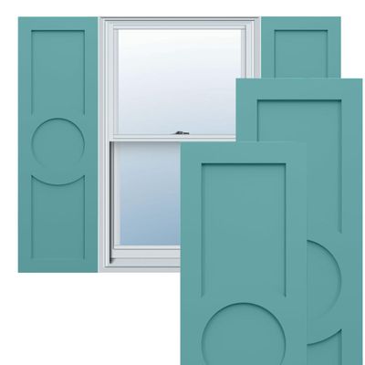 18"W x 40"H True Fit PVC Center Circle Arts & Crafts Fixed Mount Shutters, Pure Turquoise (Per Pair - Hardware Not Included)