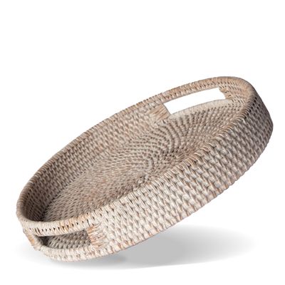 12 inch. Round Rattan Serving Tray - Modern Woven Tray w/Handles for Dining Table, Livingroom, Patio Decor - Stylish Rattan Tray for Serving Fruits, Breakfast - Ideal for Coffee Table (Medium)