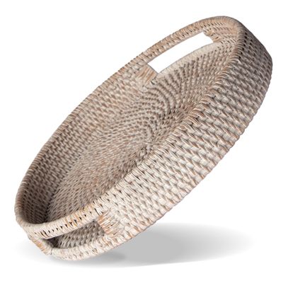 14 inch Round Rattan Serving Tray - Modern Woven Tray w/Handles for Dining Table, Livingroom, Patio Decor - Stylish Rattan Tray for Serving Fruits, Breakfast - Ideal for Coffee Table