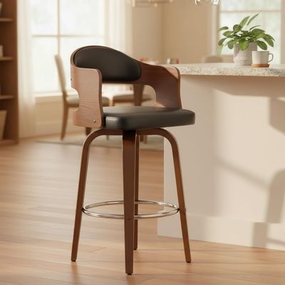 AC Pacific ACBS09 Counter Height Swivel Bar Stool for Kitchen Island, Upholstered in Faux Leather, Mid Century Modern Design, Curved Wood Seat, Metal Footrest and 360 Turn, 27 Inch High, Midnight