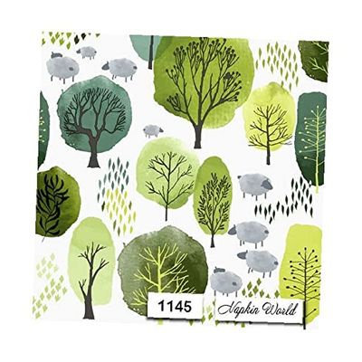 Trees Grazing Sheep Paper Napkins Paper Luncheon Decoupage Party Napkins 6.5" X 6.5" Folded Set of 4 Pcs