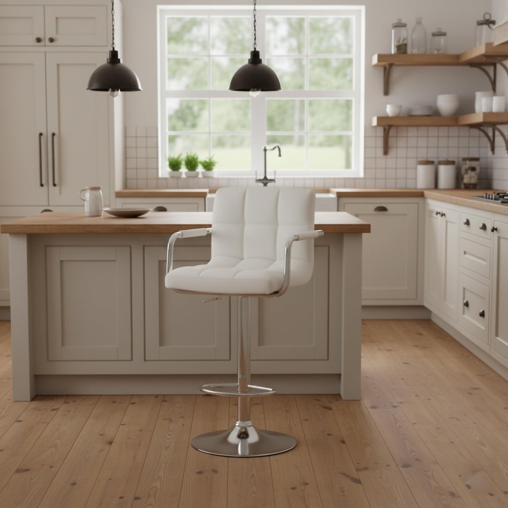 AC Pacific Contemporary Adjustable Swivel Kitchen Bar Stool Chair with Cushion and Armrest, 24"-33", White ACBS15 Daisy White Square