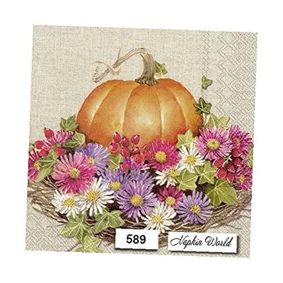 Autumn Pumpkin Flowers Paper Napkins Paper Luncheon Decoupage Party Napkins 6.5" X 6.5" Folded Set of 4 Pcs