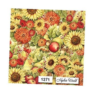 Autumn Apples Flowers Paper Napkins Paper Luncheon Decoupage Party Napkins 6.5" X 6.5" Folded Set of 4 Pcs