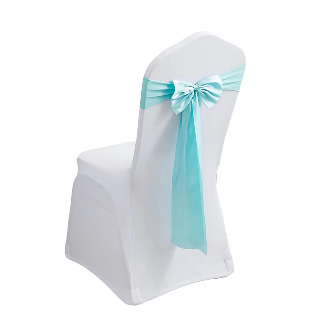 MYS QiQi Pack of 100 Spandex Chair Bands Satin Sashes Ribbons Bows Stretch for Wedding Party Events Banquet Hotel Home Kitchen Cover Decoration (100 PCS Light Blue)