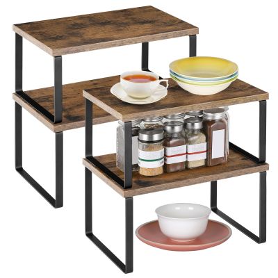 ETELI Kitchen Counter Cabinet Shelf Organizer Expandable Stackable Shelves Set of 4 Shelf Risers Small Counter Top Racks for Kitchen Cupboard Pantry, Brown