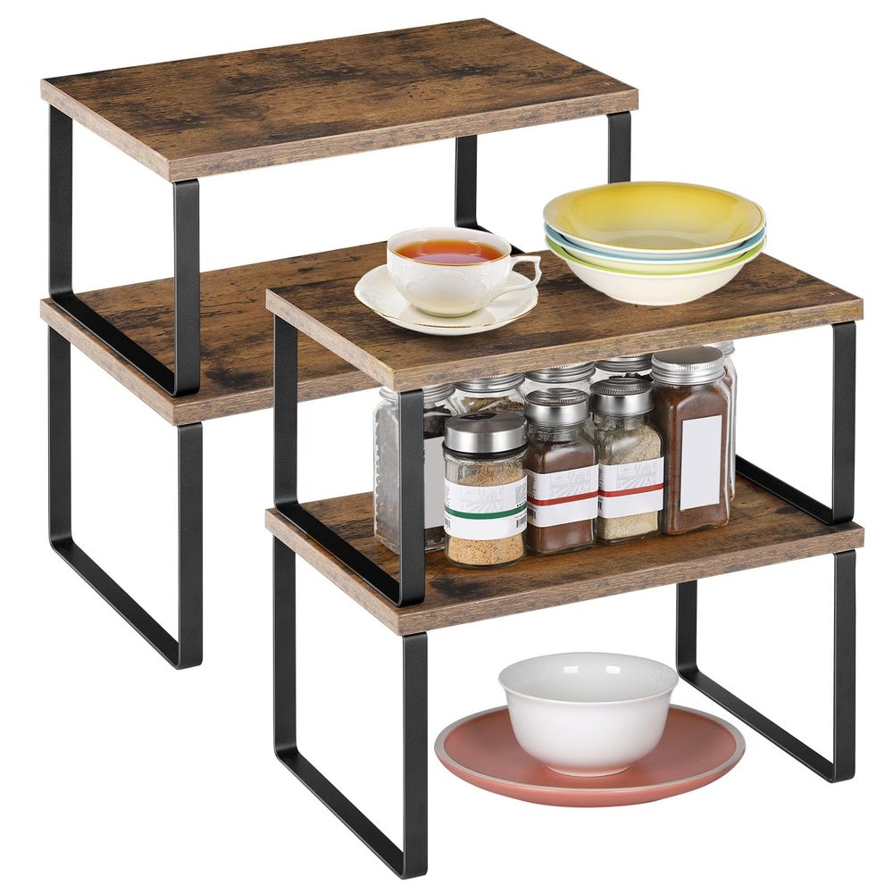 ETELI Kitchen Counter Cabinet Shelf Organizer Expandable Stackable Shelves Set of 4 Shelf Risers Small Counter Top Racks for Kitchen Cupboard Pantry, Brown