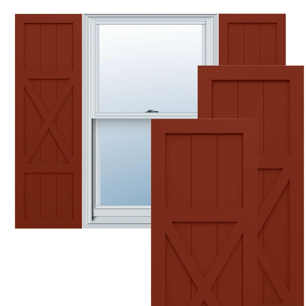 12"W x 69"H True Fit PVC Center X-Board Farmhouse Fixed Mount Shutters, Pepper Red (Per Pair - Hardware Not Included)