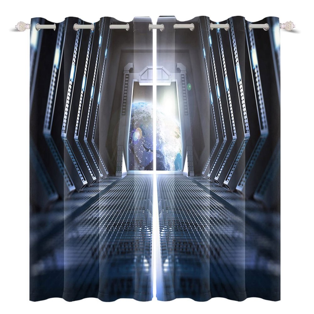 Renaiss Outer Space Window Curtains, Inside Passage of Space Station Futuristic Sci Fi Corridor Inner View Earth Technology Blackout Drapes for Bedroom Living Room Home Decor 2 Panels 42x84 Inches