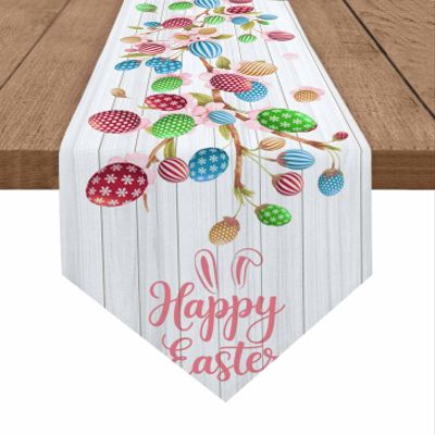 Hokiten Happy Easter Table Runner - 70 Inches Long, Colorful Eggs Tree Branches Dresser Scarf Easter Bunny Ears Dining Tabletop Dcor for Kitchen/Farmhouse, Rustic Vintage Wood Board 13 x 70 Inch