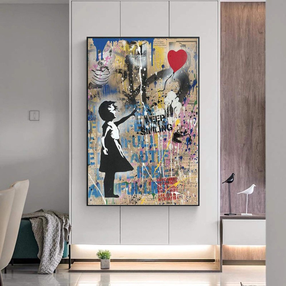 XIANGPEIFBH Banksy Graffiti Art Canvas Painting Girl With Red Balloon Posters and Prints Street Wall Art Picture Living Room Decor 50x90cm(20''x35'') With Frame