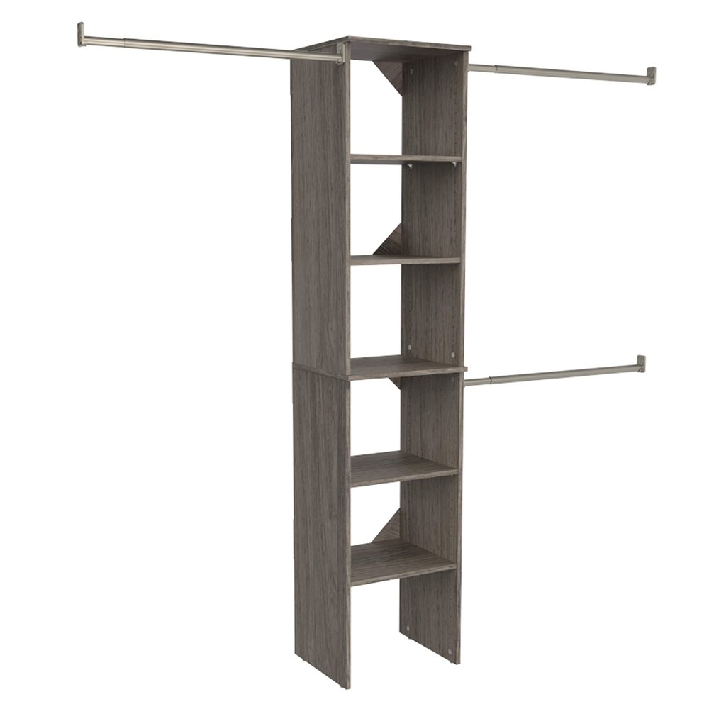 ClosetMaid SuiteSymphony Wood Closet Organizer Starter Kit with Tower and 3 Hang Rods, Shelves, Adjustable, Fits Spaces 4  9 ft. Wide, Graphite Grey