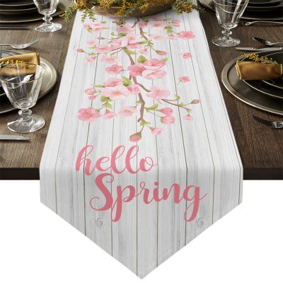 Hokien Hello Spring Table Runner - 72 Inches Long, Peach Blossom Branches Dresser Scarf Pink Dining Tabletop Dcor for Kitchen/Farmhouse/Spring, Rustic Vintage Wood Board 13 x 72 Inch