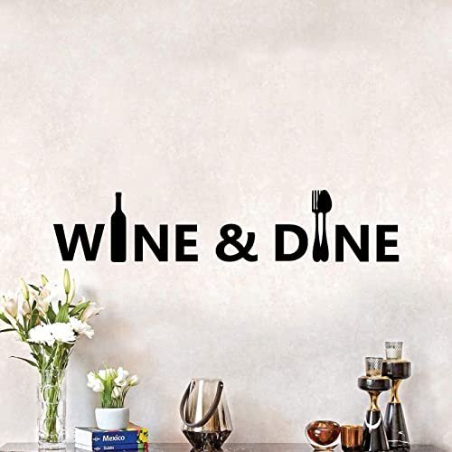 Wine And Dine Signage Wine Bottle Spoon Fork Wine Bottle Silhouette Vinyl Wall Sticker Art Decal Home Bar Area Chill Wall Decoration Wine Love House Home Decor Stickers Decoration Size (4x10 inch)