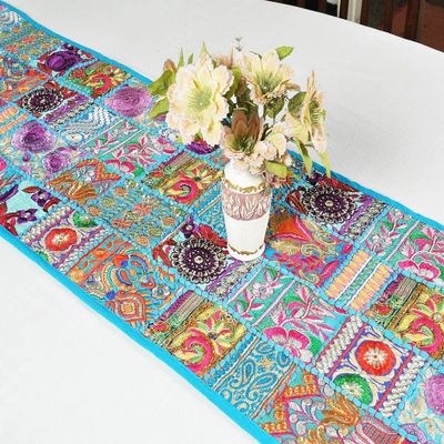 100% Cotton Beads Ethnic Indian Room Decor Table Dinning Cloth Handmade Decorative Art Embroidered Patchwork Table Runner (Turquoise, 20" x 60")