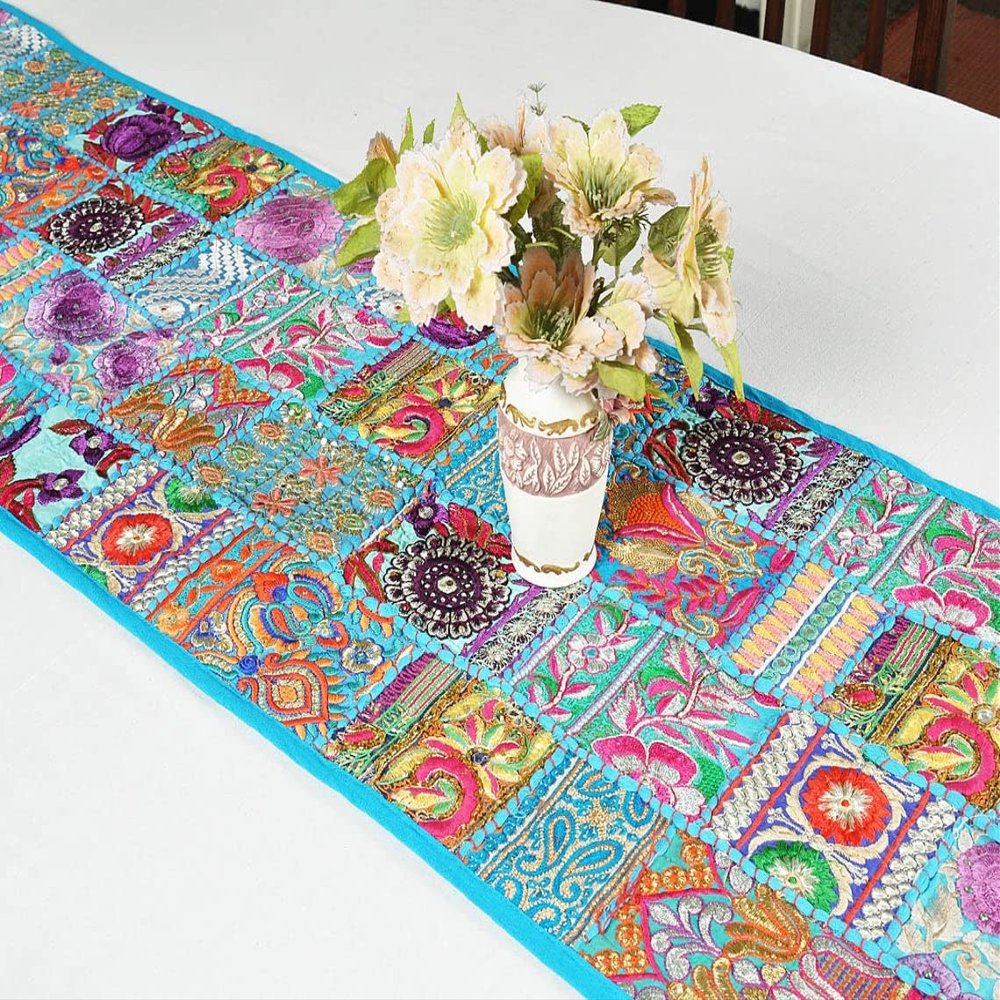 100% Cotton Beads Ethnic Indian Room Decor Table Dinning Cloth Handmade Decorative Art Embroidered Patchwork Table Runner (Turquoise, 20" x 60")