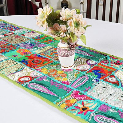100% Cotton Beads Ethnic Indian Room Decor Table Dinning Cloth Handmade Decorative Art Embroidered Patchwork Table Runner (Parrot Green, 16" x 60")