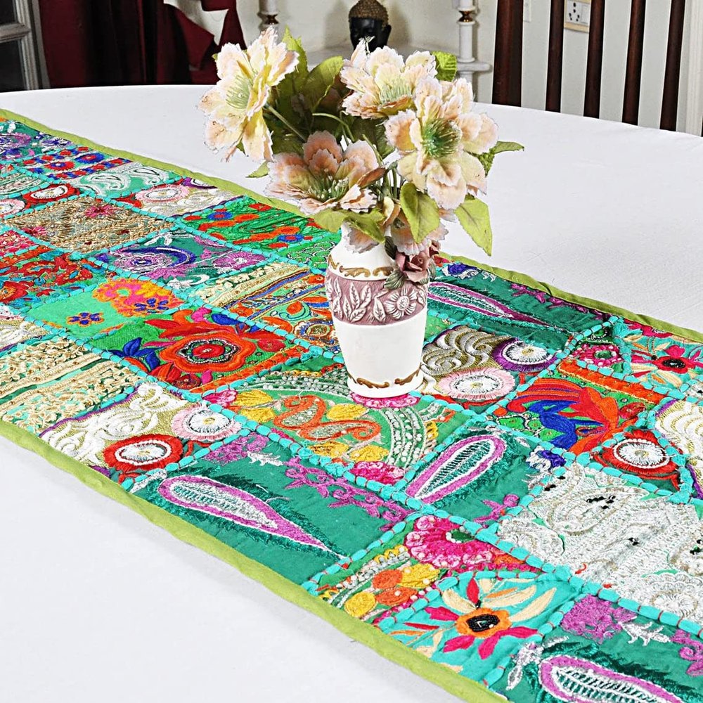 100% Cotton Beads Ethnic Indian Room Decor Table Dinning Cloth Handmade Decorative Art Embroidered Patchwork Table Runner (Parrot Green, 16" x 60")
