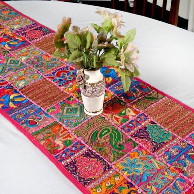 100% Cotton Beads Ethnic Indian Room Decor Table Dinning Cloth Handmade Decorative Art Embroidered Patchwork Table Runner (Pink, 40" x 60")