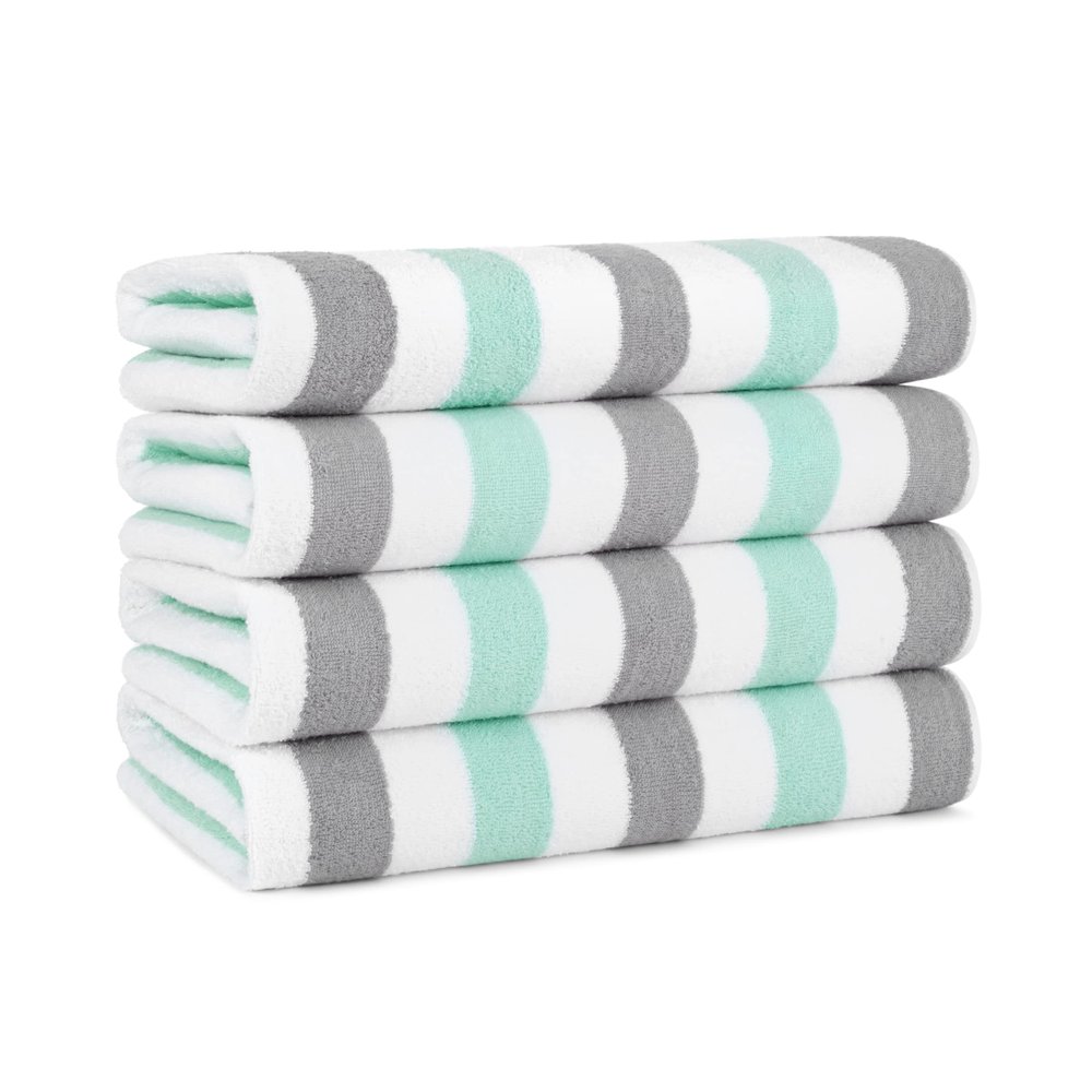 Arkwright Cabo Cabana Stripe Beach Towel - Pack of 4 - Large Soft Quick Dry Cotton Terry Towels for Pool, Swim, and Hot Tub, Oversized 30 x 70 in, Grey/Mint