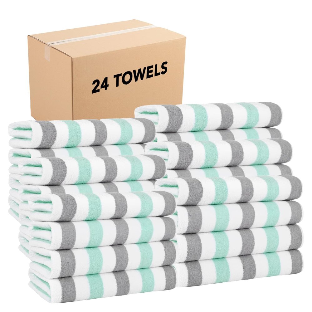 Arkwright Cabo Cabana Stripe Beach Towel Bulk - Case of 24 - Large Soft Quick Dry Cotton Terry Towels for Pool, Swim, and Hot Tub, Oversized 30 x 70 in, Grey/Mint