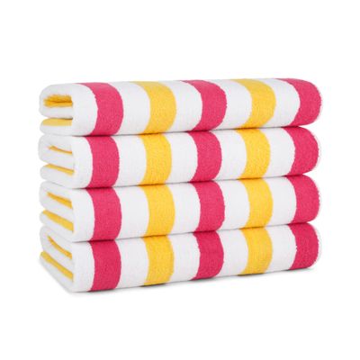 Arkwright Cabo Cabana Stripe Beach Towel - Pack of 4 - Large Soft Quick Dry Cotton Terry Towels for Pool, Swim, and Hot Tub, Oversized 30 x 70 in, Raspberry/Mango