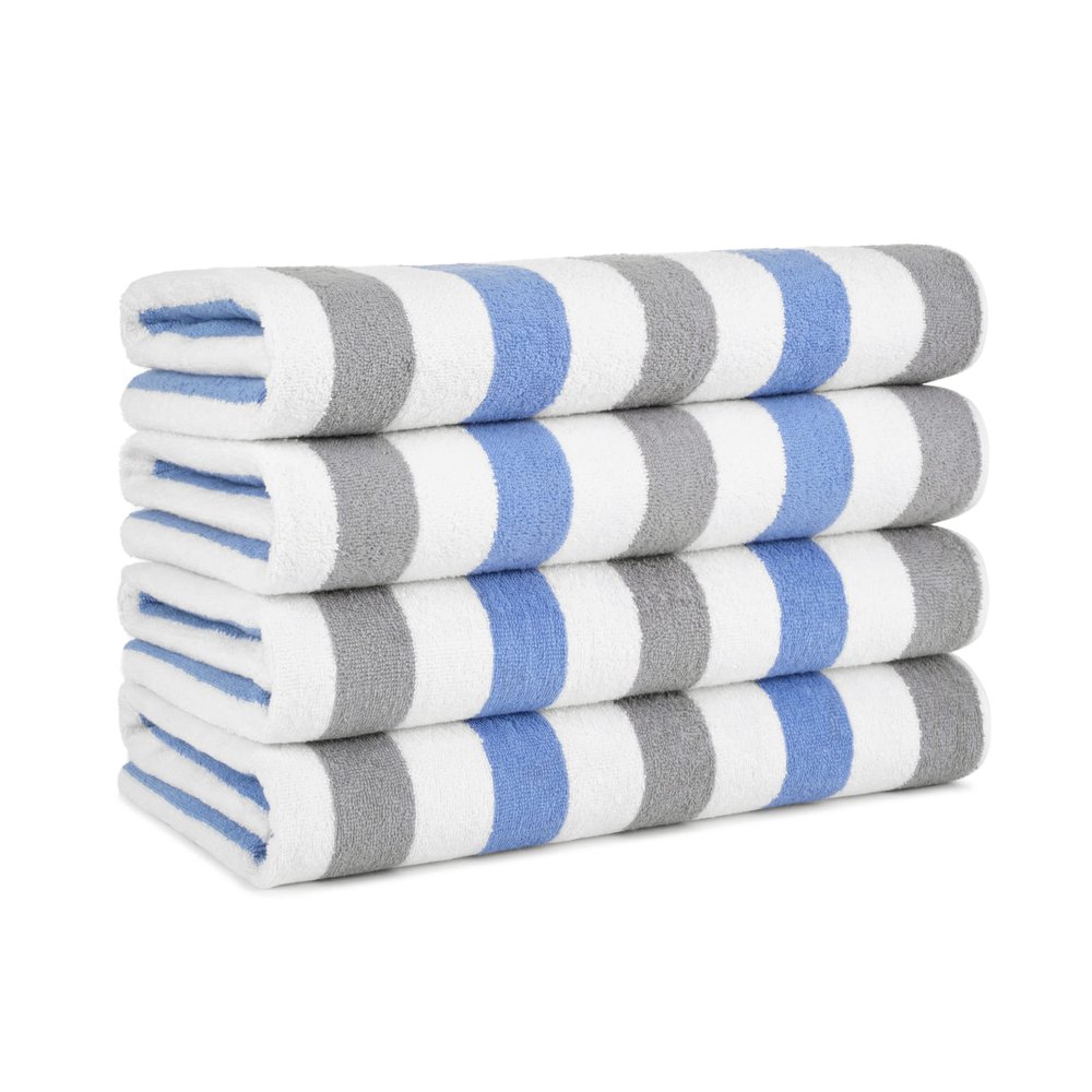 Arkwright Cabo Cabana Stripe Beach Towel - Pack of 4 - Large Soft Quick Dry Cotton Terry Towels for Pool, Swim, and Hot Tub, Oversized 30 x 70 in, Cornflower Blue/Grey