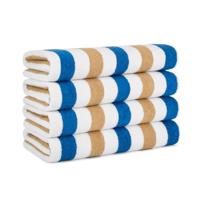 Arkwright Cabo Cabana Stripe Beach Towel - Pack of 4 - Large Soft Quick Dry Cotton Terry Towels for Pool, Swim, and Hot Tub, Oversized 30 x 70 in, Royal Blue/Caf Ole
