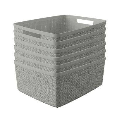 Curver Set of 6 Medium 12L Jute Decorative Plastic Organization and Storage Baskets - Perfect Bins for Home Office, Closet Shelves, Kitchen Pantry and All Bedroom Essentials, Grey