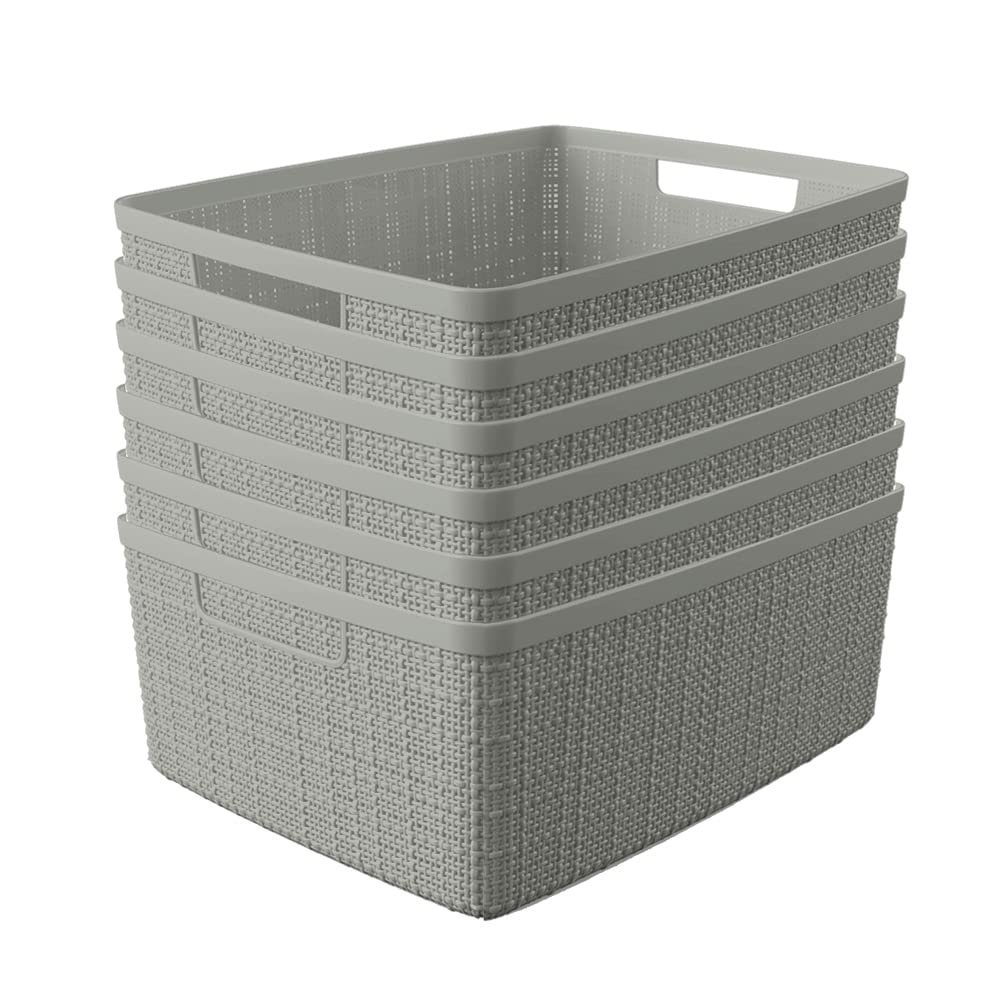 Curver Set of 6 Medium 12L Jute Decorative Plastic Organization and Storage Baskets - Perfect Bins for Home Office, Closet Shelves, Kitchen Pantry and All Bedroom Essentials, Grey